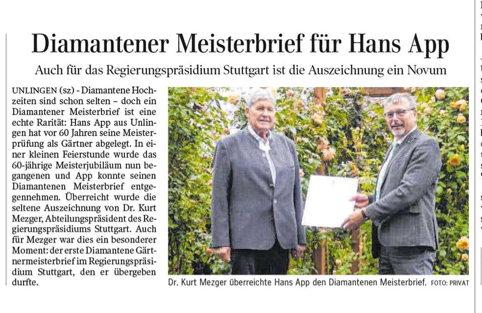 Diamantener Meisterbrief für Hans App
